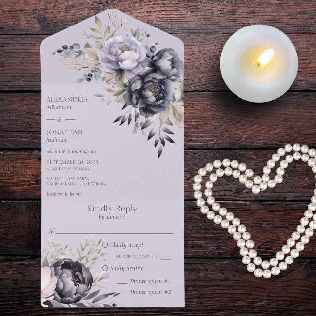 Invitación Todo En Uno Floral negra y de lavanda (Also available with QR code. )