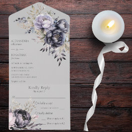 Invitación Todo En Uno Floral negra y de lavanda en gris