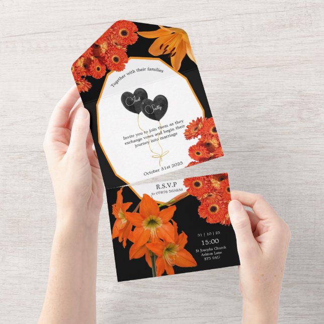 Invitación Todo En Uno Floral Orange and Black Wedding (desgarro)