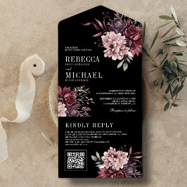 Invitación Todo En Uno Floral Oscuro Malhumorado Código QR Negro Boda