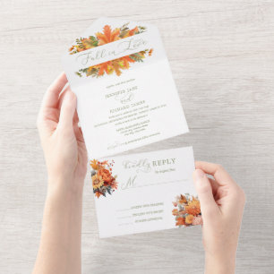 Invitación Todo En Uno Floral Otoño Acuarela Caer en Amor Boda