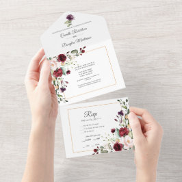 Invitación Todo En Uno Floral Púrpura, Rojo, Rosa, Dorado |