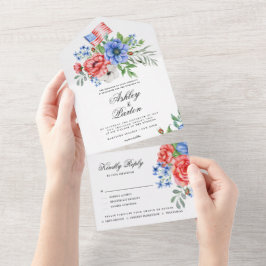 Invitación Todo En Uno Floral roja blanca y azul todo en una Invita