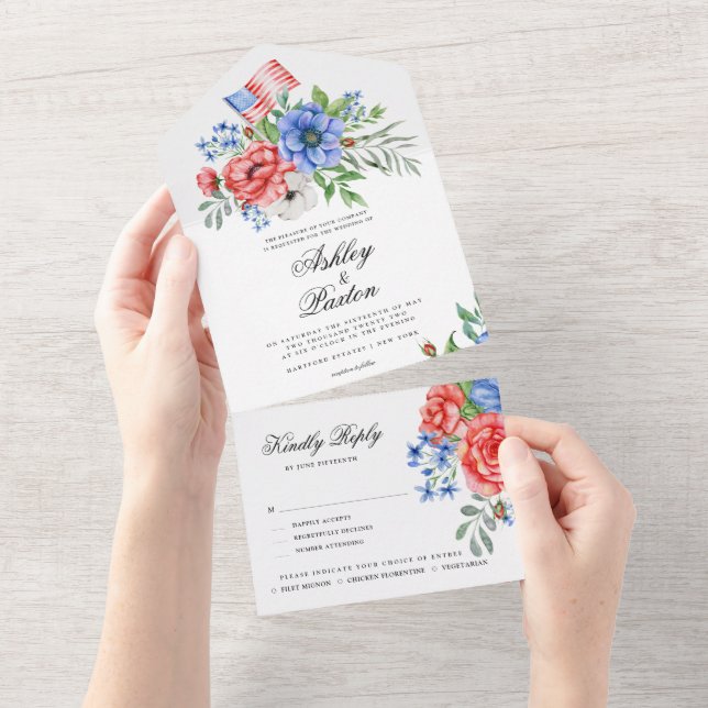Invitación Todo En Uno Floral roja blanca y azul todo en una Invita (desgarro)