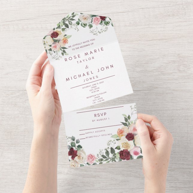 Invitación Todo En Uno Floral romántica todo en una sola boda (desgarro)