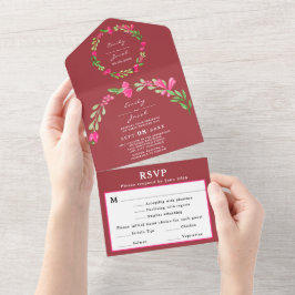 Invitación Todo En Uno Floral Rosa Verde Polvo Rojo Oscuro Elegante Boda 