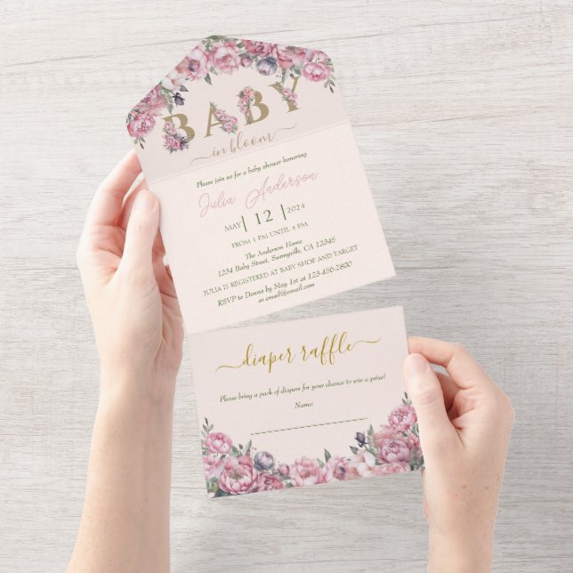 Invitación Todo En Uno Floral Rubor Peach Pink Roses Boho Baby Shower (desgarro)