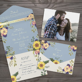 Invitación Todo En Uno Floral Rustic Dusty Blue Wedding
