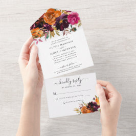 Invitación Todo En Uno Floral rústica Borgoña Morado Boda de Caída Amaril