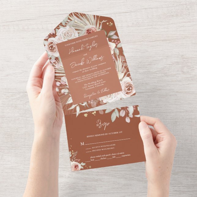 Invitación Todo En Uno Floral rústica de Boho Terracotta con Boda RSVP (desgarro)