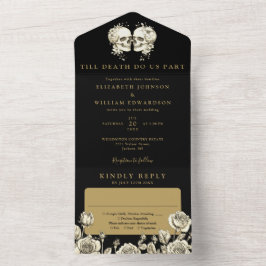 Invitación Todo En Uno Floral Skulls Black And Gold Gothic Wedding