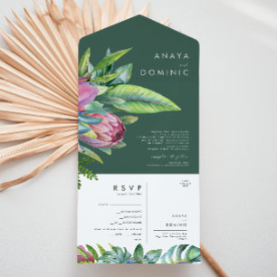 Invitación Todo En Uno Floral tropical colorida Sello Verde Y Enviar To