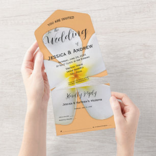 Invitación Todo En Uno Floral tropical, Naranja de Plumeria blanca, Boda