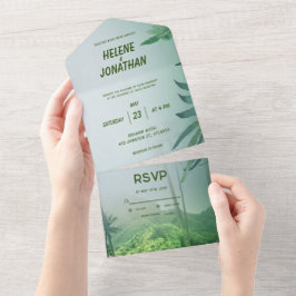 Invitación Todo En Uno Floral Tropical Palm Tree Green Beach Wedding