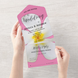 Invitación Todo En Uno Floral tropical, Plumeria blanca en rosa, Boda