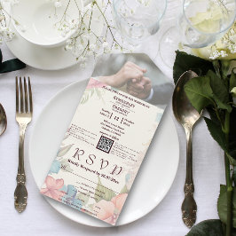 Invitación Todo En Uno Floral verde azul rosa QR Foto de código