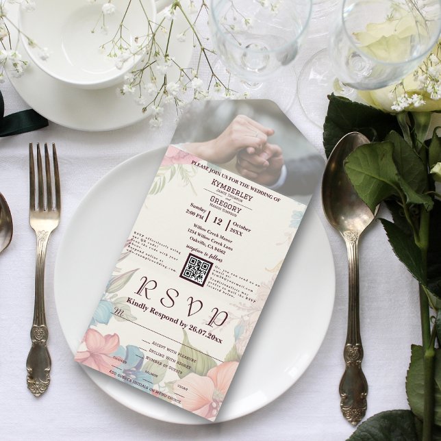 Invitación Todo En Uno Floral verde azul rosa QR Foto de código (Subido por el creador)