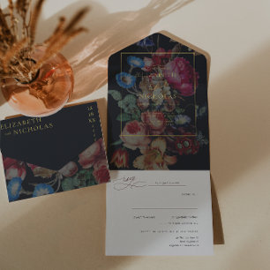 Invitación Todo En Uno Floral Vintage Oscuro   Boda 