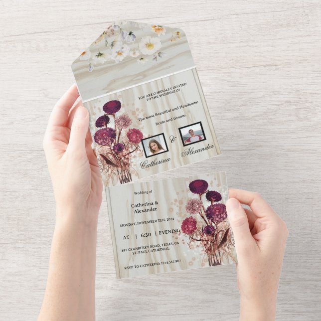 Invitación Todo En Uno Florales de madera rústica  (desgarro)