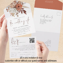 Invitación Todo En Uno Florales rusticas de otoño QR Boda de guiones de c