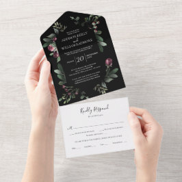 Invitación Todo En Uno Florals de invierno negro