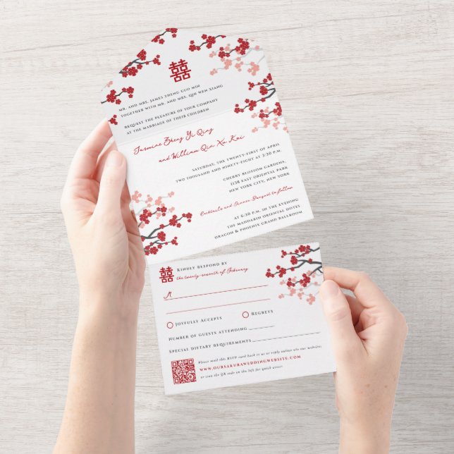Invitación Todo En Uno Florecimiento de cerezos doble felicidad Boda chin (desgarro)