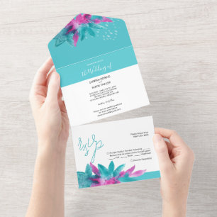 Invitación Todo En Uno Flores abstractas tropicales rosa turquesa