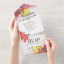 Invitación Todo En Uno Flores Acuarela Coloridas RSVP Boda Botánica