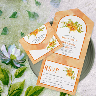 Invitación Todo En Uno Flores acuarelas naranjas y boda floral de arco