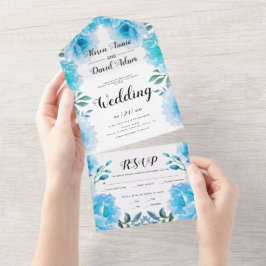 Invitación Todo En Uno Flores acuáticas azules de Aqua caída boda
