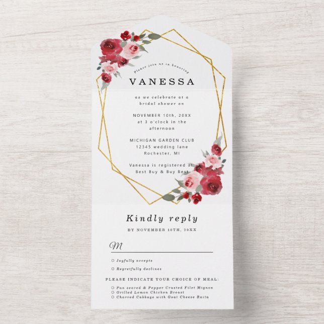 Invitación Todo En Uno Flores acuáticas ducha geométrica de novia con rsv (Interior)