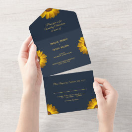 Invitación Todo En Uno Flores amarillas en monograma de fondo azul marino