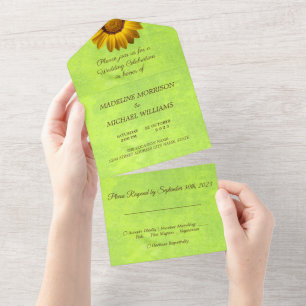Invitación Todo En Uno Flores Amarillas en Monograma Verde Abstracto
