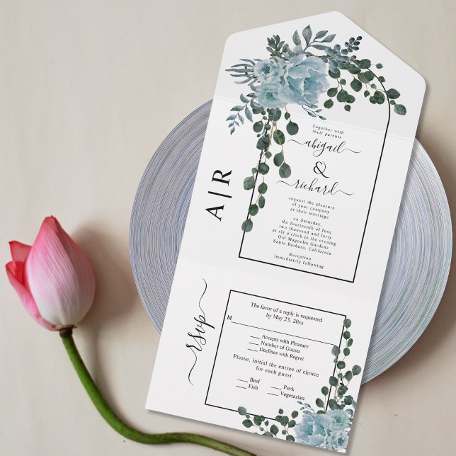 Invitación Todo En Uno Flores azul turbio, arco y boda monograma (Subido por el creador)