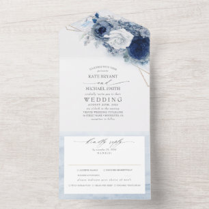 Invitación Todo En Uno Flores azul y marina en un Boda elegante y moderno