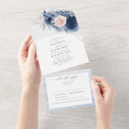 Invitación Todo En Uno Flores azul y rosa turbias Boda elegante y moderno