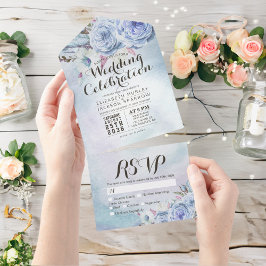 Invitación Todo En Uno Flores azules de boho emiten matrimonio rústico de