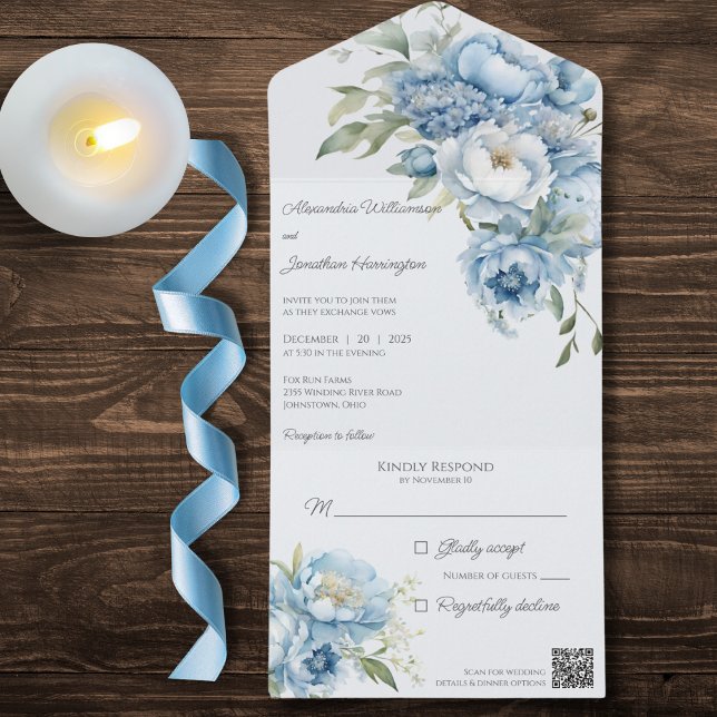 Invitación Todo En Uno Flores azules de hielo de invierno Código QR (Subido por el creador)
