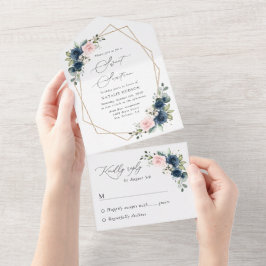 Invitación Todo En Uno Flores azules de la marina, flores rosadas, boho,