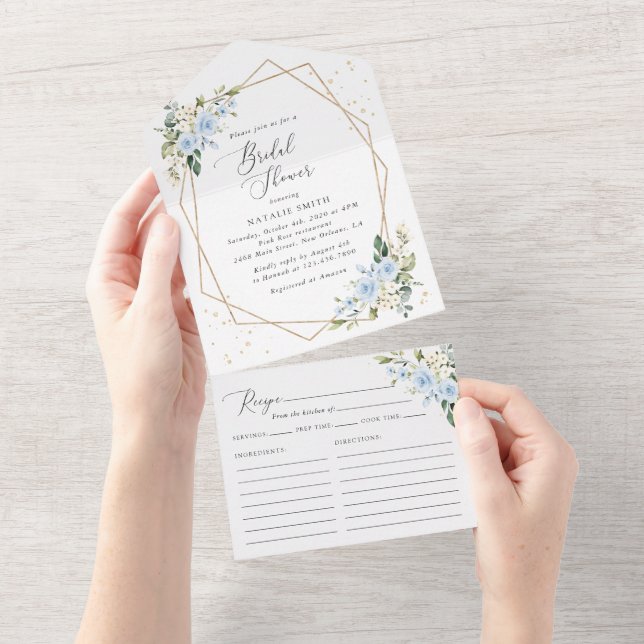Invitación Todo En Uno Flores azules, flores blancas, boho, ducha de novi (desgarro)