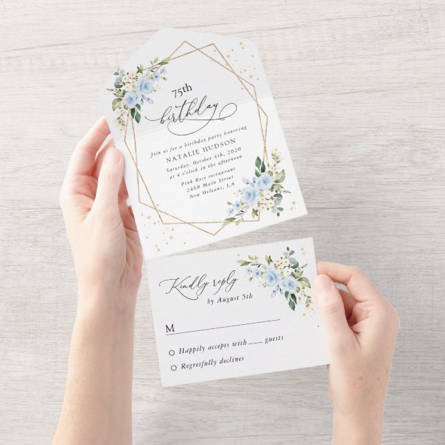 Invitación Todo En Uno Flores Azules, Flores Blancas, Verdor, Cumpleaños (desgarro)