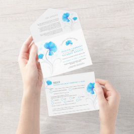 Invitación Todo En Uno Flores azules giratoria gris acuarela