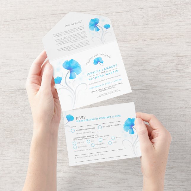 Invitación Todo En Uno Flores azules giratoria gris acuarela (desgarro)