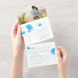 Invitación Todo En Uno Flores azules giratoria gris color de agua persona