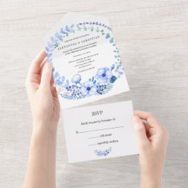 Invitación Todo En Uno Flores azules rusticas y Bodas de Berries todo en