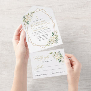 Invitación Todo En Uno Flores blancas crema, Boho, Primera Comunión