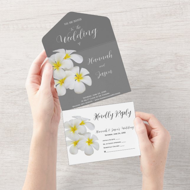 Invitación Todo En Uno Flores blancas de Frangipani, en gris medio, Boda (desgarro)