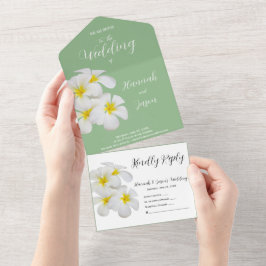 Invitación Todo En Uno Flores blancas de Frangipani, en sabio, Boda