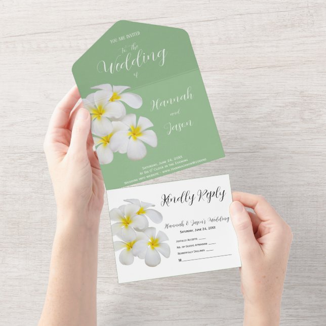 Invitación Todo En Uno Flores blancas de Frangipani, en sabio, Boda (desgarro)