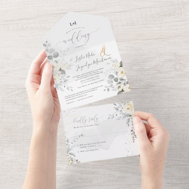 Invitación Todo En Uno Flores blancas elegantes de PixDezines (desgarro)